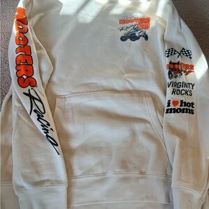 Danny Duncan Hooters Cream Crewneck Sweatshirt with Orange Racing Graphics. L
